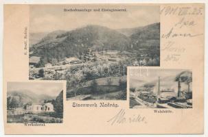 1901 Nadrág, Nadrag, Steinacker; vasgyári részletek, kohó és vasöntöde, tisztviselő lakások, hengermű. E. Beutl kiadása / Eisenwerk, Hochofenanlage und Eisengiesserei, Werkshotel, Walzhütte / ironworks, blast furnace, iron foundry, hotel, apartements, rolling mill (vágott / cut)