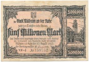 Németország / Weimari Köztársaság / Mülheim a. d. Ruhr 1923. 5.000.000M szárazpecséttel T:F Germany / Weimar Republic / Mülheim a. d. Ruhr 1923. 5.000.000 Mark with embossed stamp C:F