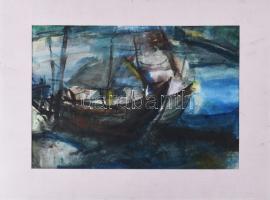 Buhály József (1945-): Dunai bárkák. Akvarell, papír, jelzett a hátoldalán. Paszpartuban, 28×38 cm