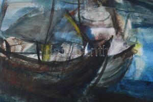 Buhály József (1945-): Dunai bárkák. Akvarell, papír, jelzett a hátoldalán. Paszpartuban, 28×38 cm
