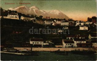 Herceg Novi, Castelnuovo; general view, railway station, train, locomotive, port, steamship, boat. Buchhandlung J. Sekulovic (fl)