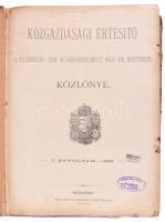 1886 Közgazdasági Értesítő. A földmivelés-, ipar- és kereskedelemügyi magy. kir. ministerium közlönye. V. évf. 1-25. sz. (Fél évfolyam egy kötetben.) Bp., Pesti Könyvnyomda Rt., LXXII+956 p. Félvászon-kötésben, viseltes állapotban, sérült gerinccel, helyenként sérült, kijáró lapokkal, intézményi bélyegzőkkel.
