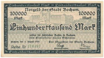 Németország / Weimari Köztársaság / Bochum 1923. 100.000M T:XF folt Germany / Weimar Republic / Bochum 1923. 100.000 Mark C:XF spotted