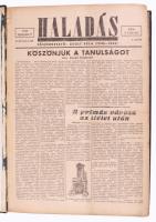1949 A Haladás c. folyóirat V. évf. 7-52. számai egybekötve, félvászon-kötésben, kissé viseltes borítóval, helyenként kissé sérült lapszélekkel