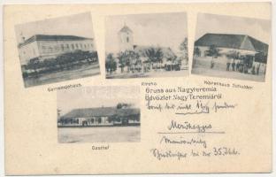 1912 Máriafölde, Nagyteremia, Teremia Mare (Torontál); Községháza, templom, vendéglő, Schulder üzlete. Dajkovits J. utóda kiadása / Gemeindehaus, Kirche, Warenhaus Schulder, Gasthof / town hall, church, inn, shop (EK)