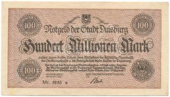 Németország / Weimari Köztársaság / Duisburg 1923. 100.000.000M T:F Germany / Weimar Republic / Duisburg 1923. 100.000.000 Mark C:F