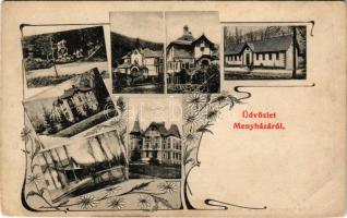 Menyháza, Monyásza, Moneasa; fürdő, nyaralók. Patkó Vilmos amateur felvétele, szecessziós-virágos keret / spa, villas. Art Nouveau, floral frame (EB)