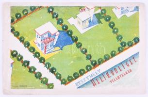 Keszthely Helikonliget.Villatelkek. Prospektus. [Bp.], Pesti Lloyd-ny., kihajtható prospektus, belül színes panorámaképpel, térképpel, fekete-fehér fotókkal, sérült, kihajtva: 30x46 cm