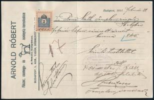 1911 "Arnold Róbert Fűszer, csemege- és ásványvíz-kereskedése a fekete kutyához" üzletének fejléces számlája, pecséttel, aláírással, 2f okmánybélyeggel.