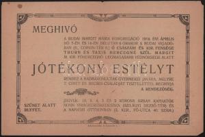 1918 Meghívó a Budai Margit Mária Kongregáció által a hadbavonultak gyermekei javára rendezett jótékonysági estélyre, műsorral + az estélyen előadott ,,A hadi cipő" című táncos előadás gépelt szövege