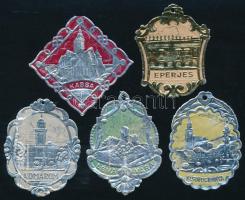 cca 1939-1944 Irredenta, dombornyomott karácsonyfadíszek, 5 db, Eperjes, Kassa, Léva, Komárom, Körmöcbánya.