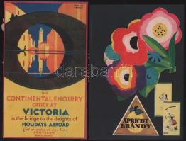 ca 1940 3 db kereskedelmi reklám plakát terv, kartonon Apricot brandy, Victoria, Tilloy, stb. 15x23 cm