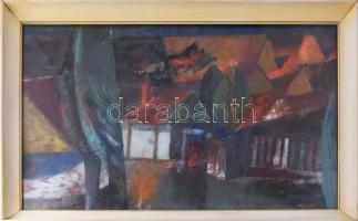 Ezüst György (1935-2017): Kis tanya. Vegyes technika, farost. Jelezve jobbra lent. Hátoldalán Képcsarnok Vállalat címkéjével. Üvegezett fakeretben. 52x85 cm.