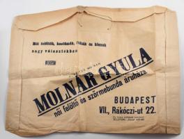 cca 1930 Molnár Gyula női felöltő és szőrmebunda áruháza reklám papírszatyor, 44x61 cm