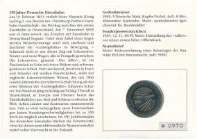 Német Szövetségi Köztársaság 1985G 5M Cu-Ni "150 éves a Német Vasút" érmés borítékban, bél...