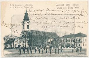 1910 Nagyjécsa, Grossjetscha, Iecea Mare; Római katolikus templom és iskola. Bosch Fülöp kiadása / Catholic church and school (EK)