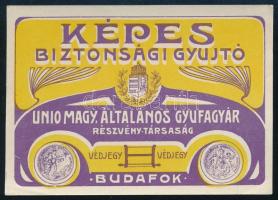 "Képes Biztonsági Gyujtó", Budafok, Unio Magyar Általános Gyufagyár Rt. gyufacímke, 7x10 cm