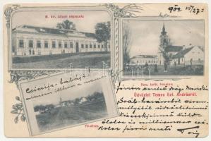 1902 Temesszentandrás, Szentandrás, Sanandrei; M. kir. állami iskola, Római katolikus templom, Fő utca. Szecessziós-virágos keret / school, Catholic church, main street. Art Nouveau, floral frame (fa)