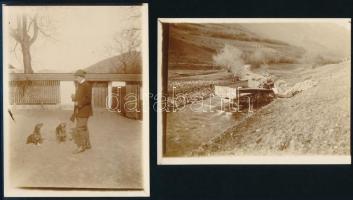 1909 Murányalja (Muráň), vadász kutyáival és teherautó a pataknál, 2 db fotó, 9x12 cm