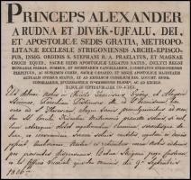1826 Rudnay Sándor esztergomi hercegprímás, bíboros nevében kiállított, latin nyelvű egyházi okirat,...