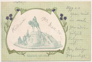 1903 Kolozsvár, Cluj; Mátyás király emlékszobra. Mátyás király szoborkép vállalat kiadása, szecessziós-virágos litho keret / Mathias Rex monument. Art Nouveau, floral litho frame (EK)
