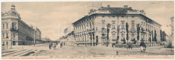 1901 Temesvár, Timisoara; Hunyady út, Lux Nándor üzlete. Polatsek-féle könyvkereskedés kiadása, 2-részes kihajtható panorámalap / street view, shop. 2-tiled folding panoramacard (fl)