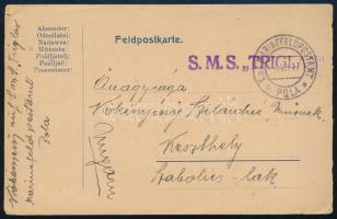 1917 Pola, Kökényessy Szilárd hajógépész tábori levelezőlapja édesanyjának, "S.M.S. Triglav" bélyegzéssel.