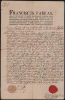 1837 Farkas Ferenc (1786-1864) székesfehérvári kanonok (1838-tól nagyprépost) autográf aláírásával ellátott latin nyelvű egyházi okirat, viaszpecséttel, kisebb sérülésekkel