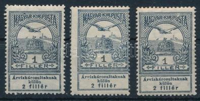 1913 3 db Árvíz 1f lemezhibákkal, az egyik képbe fogazással