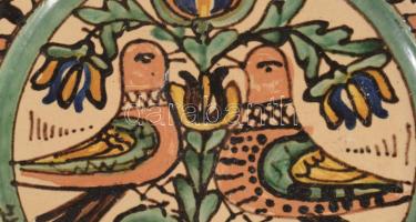 Józsa János Korond madárpár mintás falitál, jelzett, kis kopással, d: 33 cm