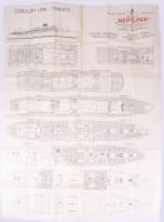 cca 1930 Cosulich Line - Trieste Motonave "Neptunia" gőzös térképe, hajtott, hajtás mentén kis sérülésekkel, 84x62 cm