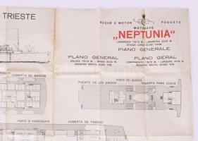 cca 1930 Cosulich Line - Trieste Motonave "Neptunia" gőzös térképe, hajtott, hajtás mentén...