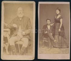 cca 1870 Elegáns házaspár portréja, vizitkártya Straub József pesti műterméből, körbevágva, 10x6 cm + Idős úr tajtékpipával, vizitkártya, jelzés nélkül, törésnyommal, 10,5x6 cm