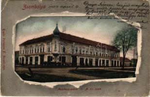 1904 Zsombolya, Hatzfeld, Jimbolia; Muschong palota, M. kir. posta, üzletek. Perlstein F. kiadása / palace, post office, shops (EB)