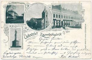 1900 Zsombolya, Hatzfeld, Jimbolia; Gróf Csekonics kastély, Római katolikus templom, Flórián szobor, Szolgabírói hivatal, Petrovics Nándor üzlete és saját kiadása. Szecessziós-virágos keret / castle, Catholic church, monument, publisher's shop. Art Nouveau, floral frame (b)