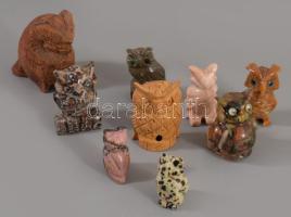 9 darab bagoly figura, fa és klf ásványok, m: 5 cm alatt