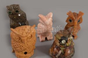 9 darab bagoly figura, fa és klf ásványok, m: 5 cm alatt