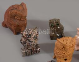 9 darab bagoly figura, fa és klf ásványok, m: 5 cm alatt