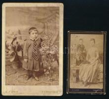 cca 1880-1890 2 db keményhátú fotó Funk A. temesvári műterméből, viseltes állapotban, 11x6,5 cm és 16x10,5 cm