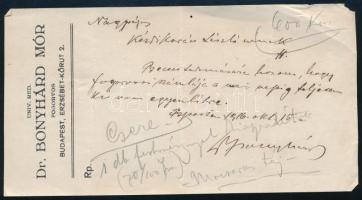 1916 Bp., Dr. Bonyhárd Mór fogorvos számlája Kézdi-Kovács László (1864-1942) festőművész részére, rajta saját kezű, ceruzával írt soraival (,,1 db festménnyel kiegyenlítve")