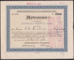 Románia/Nagyszeben 1922. "Földhitelintézet RT." részvénye 1000L-ről, német nyelven