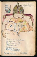 1928-1931 Emlékkönyv bejegyzésekkel, rajzokkal, közte irredenta grafikával és verssel, sérült kötésb...