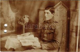 1918 Magyar katona műteremben. Hinkó felvétele (Kispest) / WWI Austro-Hungarian K.u.k. military, Hungarian soldier. photo (lyukasztott / punched)