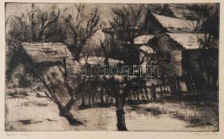 Remsey Gábor (1925-1999): Téli táj. Rézkarc, papír, jelzett. Kisebb elszíneződésekkel. Üvegezett fakeretben, 17,5x29 cm
