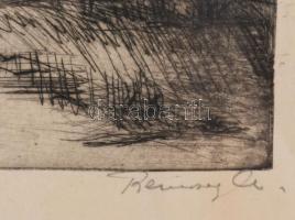 Remsey Gábor (1925-1999): Téli táj. Rézkarc, papír, jelzett. Kisebb elszíneződésekkel. Üvegezett fak...