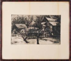 Remsey Gábor (1925-1999): Téli táj. Rézkarc, papír, jelzett. Kisebb elszíneződésekkel. Üvegezett fak...