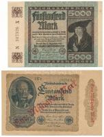 Német Birodalom / Weimari Köztársaság 1922. 1000M "Eine Milliarde Mark" felülbélyegzéssel + 5000M T:F szép papír  German Empire / Weimar Republic 1922. 1000 Mark with "Eine Milliarde Mark" overprint + 5000 Mark C:F fine paper Krause P#77, P#113