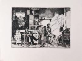 Maurer Dóra (1937- ): Jelenet (cím nélkül). Rézkarc, papír, jelzés nélkül. 32x22 cm