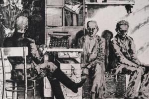 Maurer Dóra (1937- ): Jelenet (cím nélkül). Rézkarc, papír, jelzés nélkül. 32x22 cm