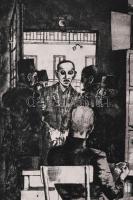 Maurer Dóra (1937- ): Jelenet (cím nélkül). Rézkarc, papír, jelzés nélkül. 32x22 cm